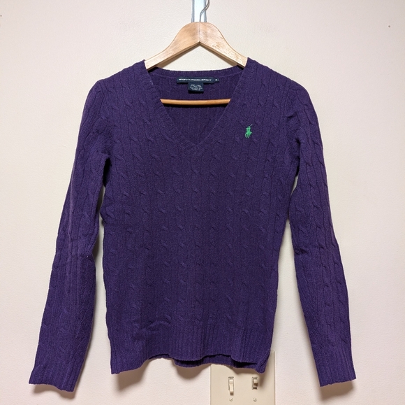 Ralph Lauren Sport Purple Cable Knit V-Neck Sweater Women’s M - Picture 2 of 7